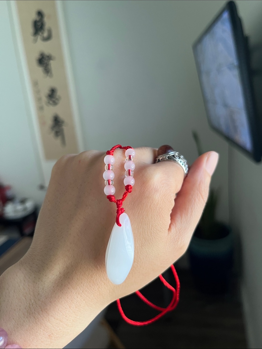 White Jade Drop Pendant Necklace with Red Cord and Pale Pink Beads